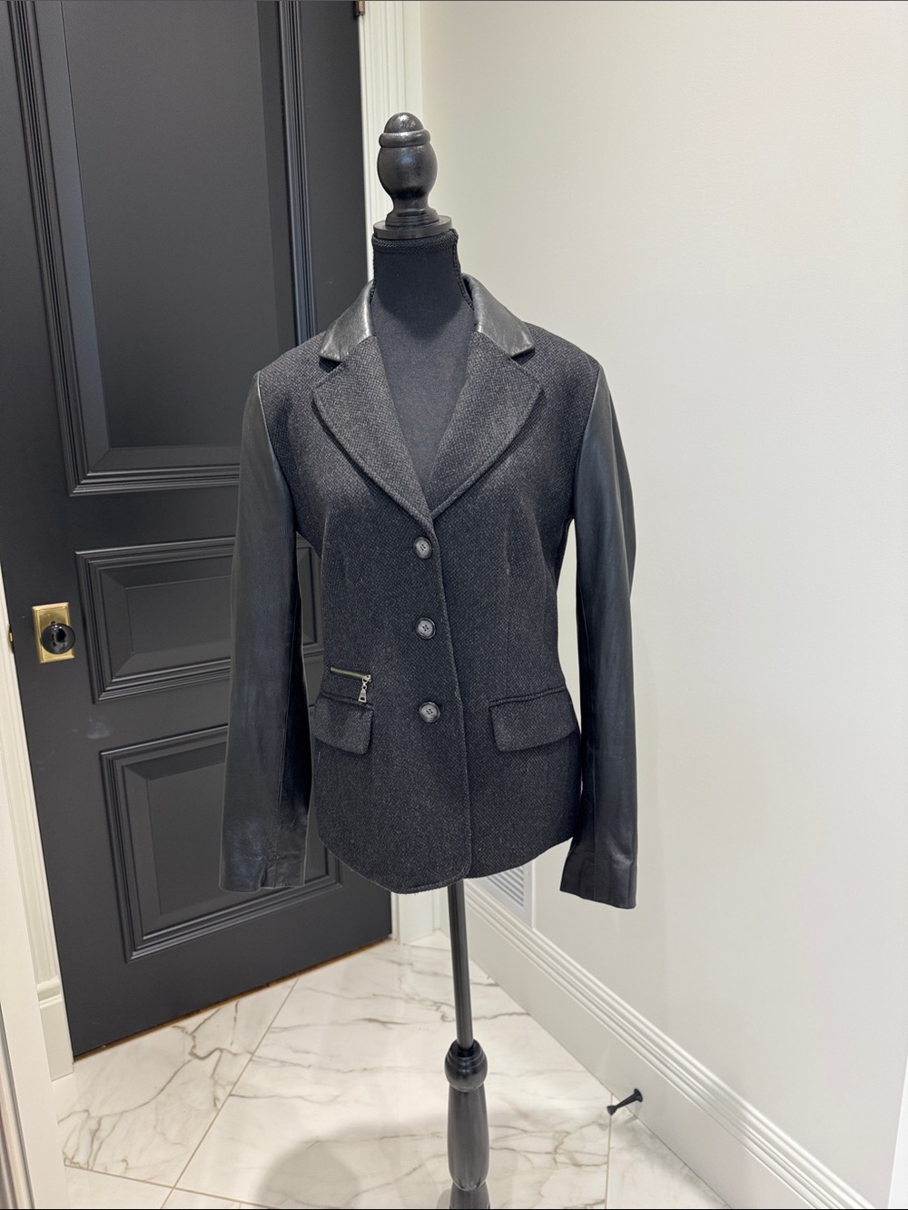 Danier Black Mixed-Media Blazer with Leather Trim